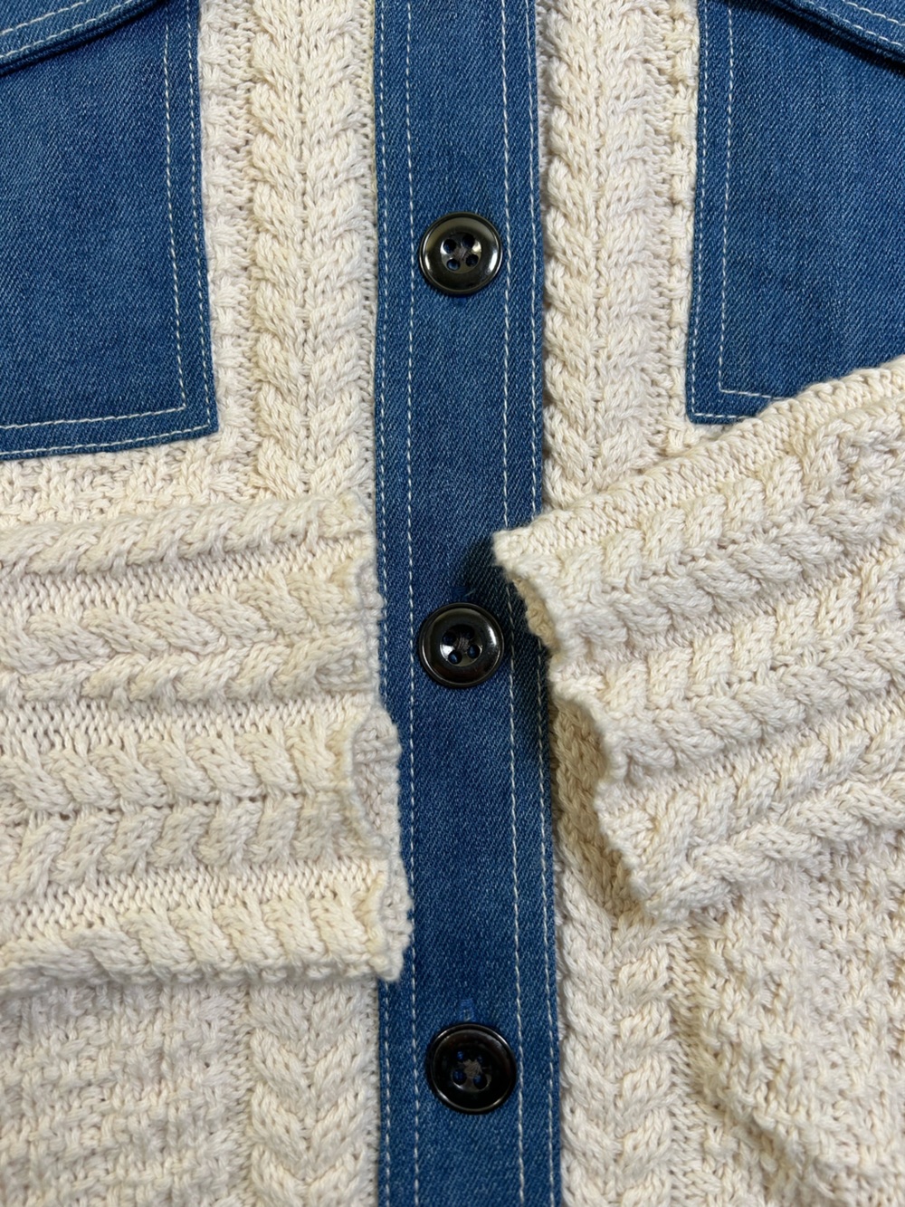 SUNDANCE Mixed Media Denim Trim Cable Knit Cardigan Cream Blue Women L - Picture 6 of 10